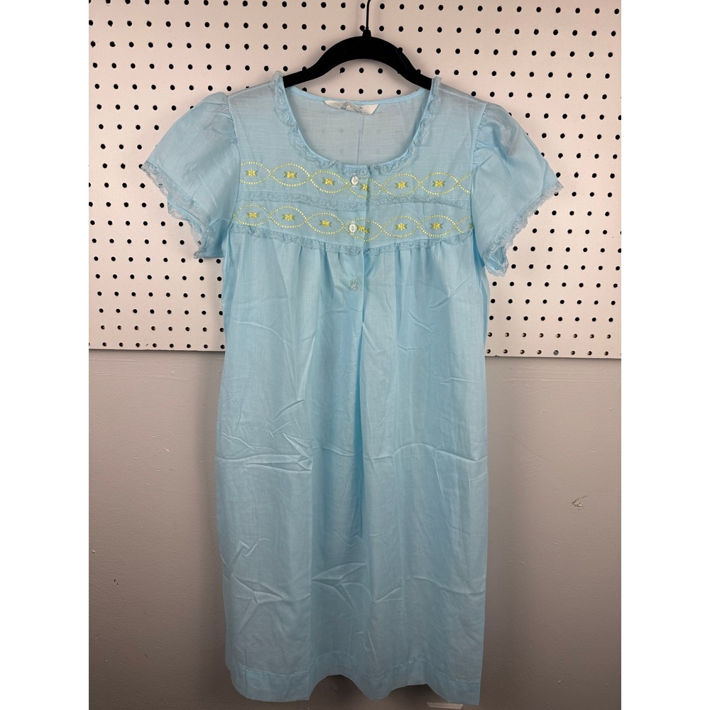 Vtg Katz Blue House Dress Embroidered Lace Puff‎ Sleeve Cottagecore Grannycore